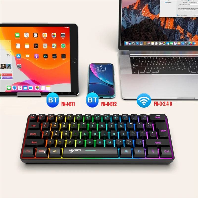 Tastiera da Gaming HXSJ L500 con 61 Tasti - Modalità Tripla 2,4G / Bluetooth / Cablata con Retroilluminazione RGB - Nero