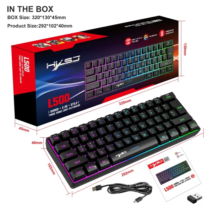 Tastiera da Gaming HXSJ L500 con 61 Tasti - Modalità Tripla 2,4G / Bluetooth / Cablata con Retroilluminazione RGB - Nero