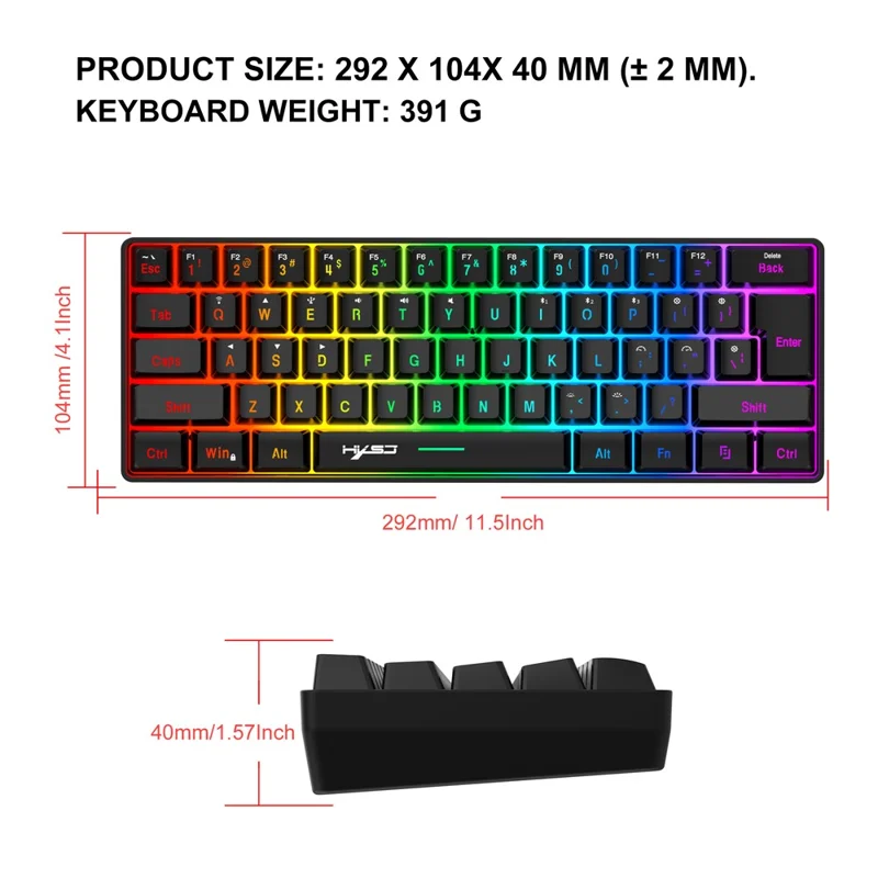 Tastiera da Gaming HXSJ L500 con 61 Tasti - Modalità Tripla 2,4G / Bluetooth / Cablata con Retroilluminazione RGB - Nero