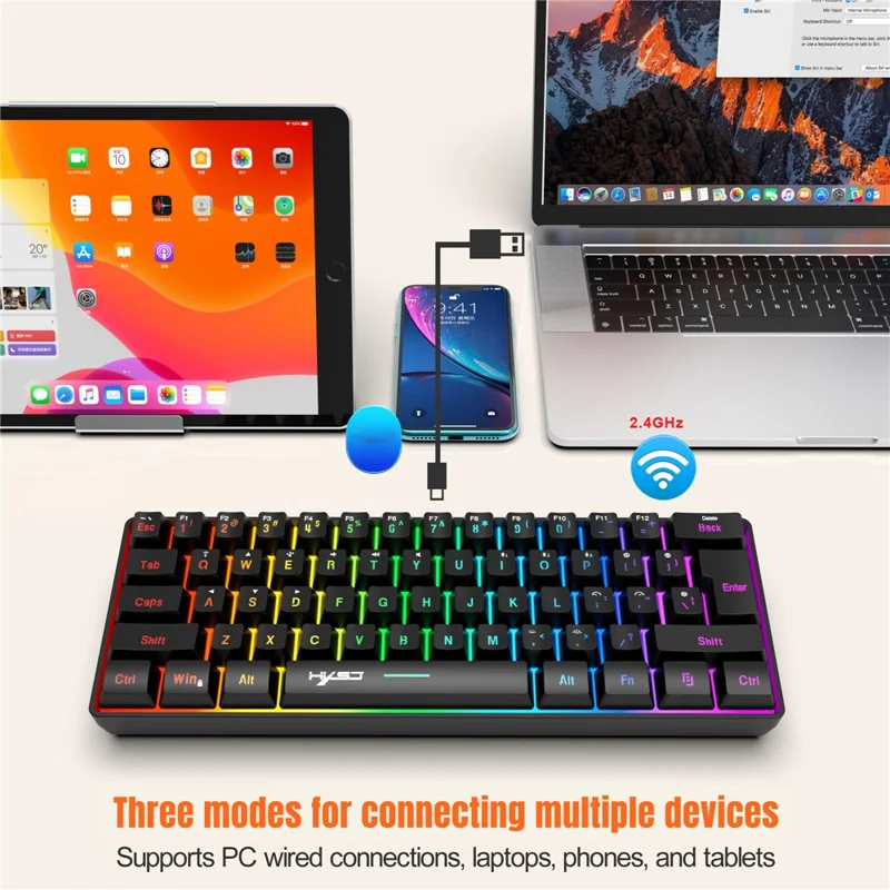 Tastiera da Gaming HXSJ L500 con 61 Tasti - Modalità Tripla 2,4G / Bluetooth / Cablata con Retroilluminazione RGB - Nero
