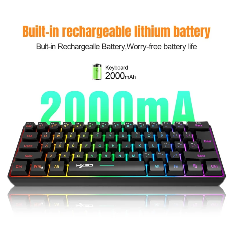 Tastiera da Gaming HXSJ L500 con 61 Tasti - Modalità Tripla 2,4G / Bluetooth / Cablata con Retroilluminazione RGB - Nero