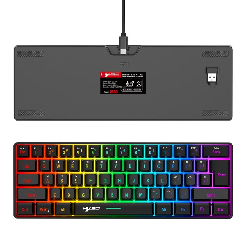 Tastiera da Gaming HXSJ L500 con 61 Tasti - Modalità Tripla 2,4G / Bluetooth / Cablata con Retroilluminazione RGB - Nero