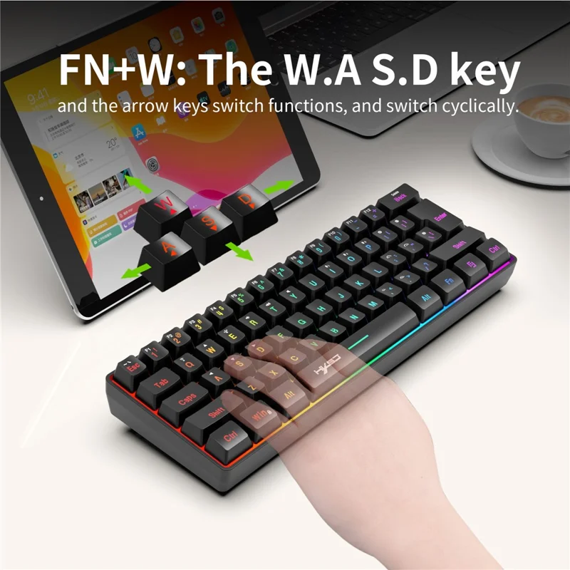 Tastiera da Gaming HXSJ L500 con 61 Tasti - Modalità Tripla 2,4G / Bluetooth / Cablata con Retroilluminazione RGB - Nero