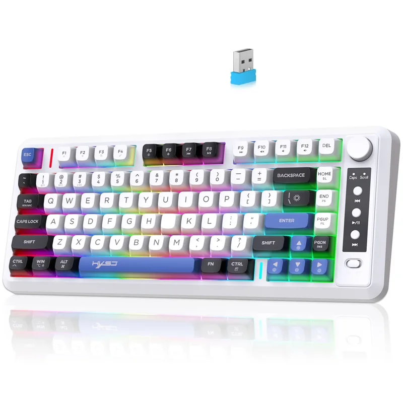 HXSJ L400 81 Keys Membrane Keyboard 2.4G + Bluetooth-compatible Tri-Mode Wireless Keyboard with RGB Backlit - Black+White+Blue