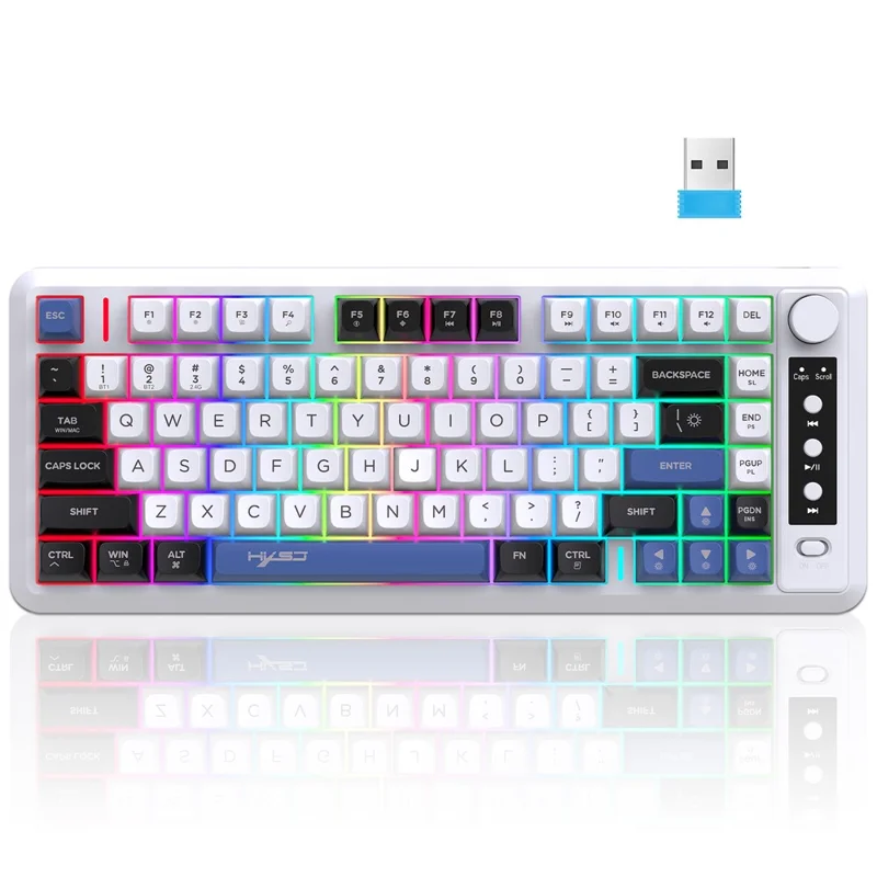 HXSJ L400 81 Keys Membrane Keyboard 2.4G + Bluetooth-compatible Tri-Mode Wireless Keyboard with RGB Backlit - Black+White+Blue