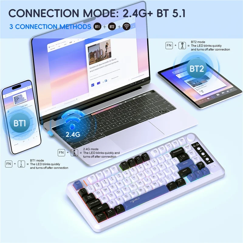 HXSJ L400 81 Keys Membrane Keyboard 2.4G + Bluetooth-compatible Tri-Mode Wireless Keyboard with RGB Backlit - Black+White+Blue
