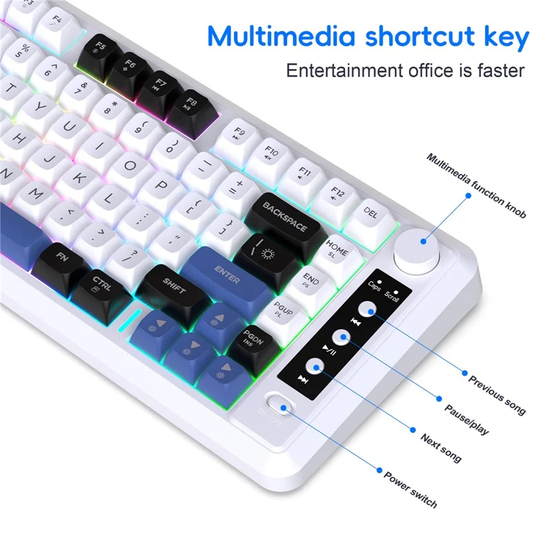 HXSJ L400 81 Keys Membrane Keyboard 2.4G + Bluetooth-compatible Tri-Mode Wireless Keyboard with RGB Backlit - Black+White+Blue