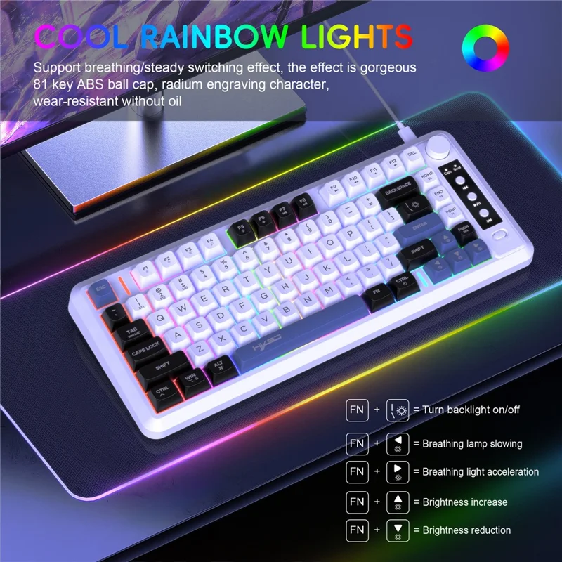 HXSJ L400 81 Keys Membrane Keyboard 2.4G + Bluetooth-compatible Tri-Mode Wireless Keyboard with RGB Backlit - Black+White+Blue