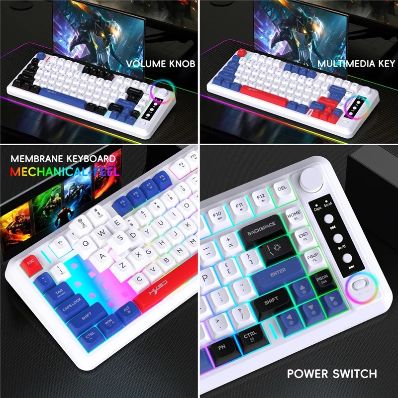 HXSJ L400 81 Keys Membrane Keyboard 2.4G + Bluetooth-compatible Tri-Mode Wireless Keyboard with RGB Backlit - Black+White+Blue