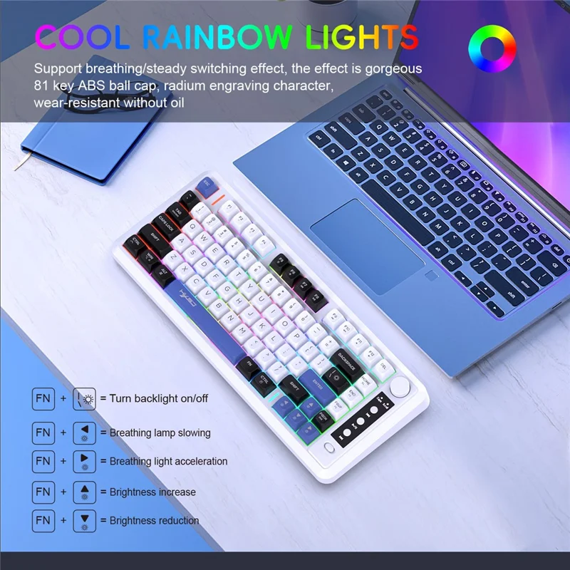 HXSJ L400 81 Keys Membrane Keyboard 2.4G + Bluetooth-compatible Tri-Mode Wireless Keyboard with RGB Backlit - Black+White+Blue