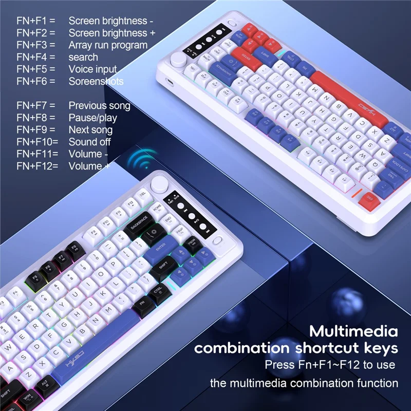 HXSJ L400 81 Keys Membrane Keyboard 2.4G + Bluetooth-compatible Tri-Mode Wireless Keyboard with RGB Backlit - Black+White+Blue