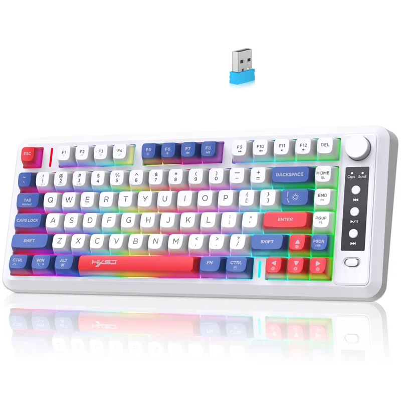 HXSJ L400 81 Keys Membrane Keyboard 2.4G + Bluetooth-compatible Tri-Mode Wireless Keyboard with RGB Backlit - Blue+White+Red