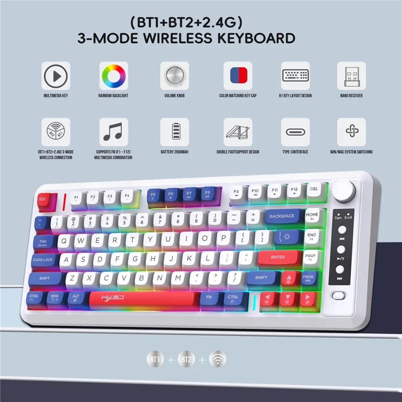 HXSJ L400 81 Keys Membrane Keyboard 2.4G + Bluetooth-compatible Tri-Mode Wireless Keyboard with RGB Backlit - Blue+White+Red