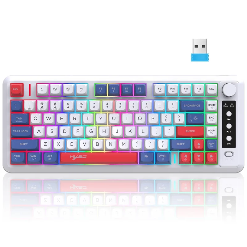 HXSJ L400 81 Keys Membrane Keyboard 2.4G + Bluetooth-compatible Tri-Mode Wireless Keyboard with RGB Backlit - Blue+White+Red