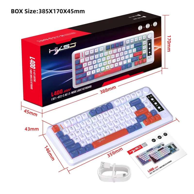 HXSJ L400 81 Keys Membrane Keyboard 2.4G + Bluetooth-compatible Tri-Mode Wireless Keyboard with RGB Backlit - Blue+White+Red