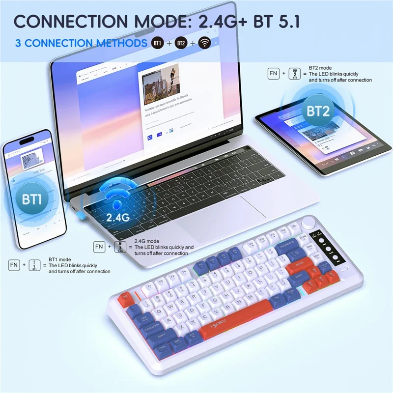 HXSJ L400 81 Keys Membrane Keyboard 2.4G + Bluetooth-compatible Tri-Mode Wireless Keyboard with RGB Backlit - Blue+White+Red