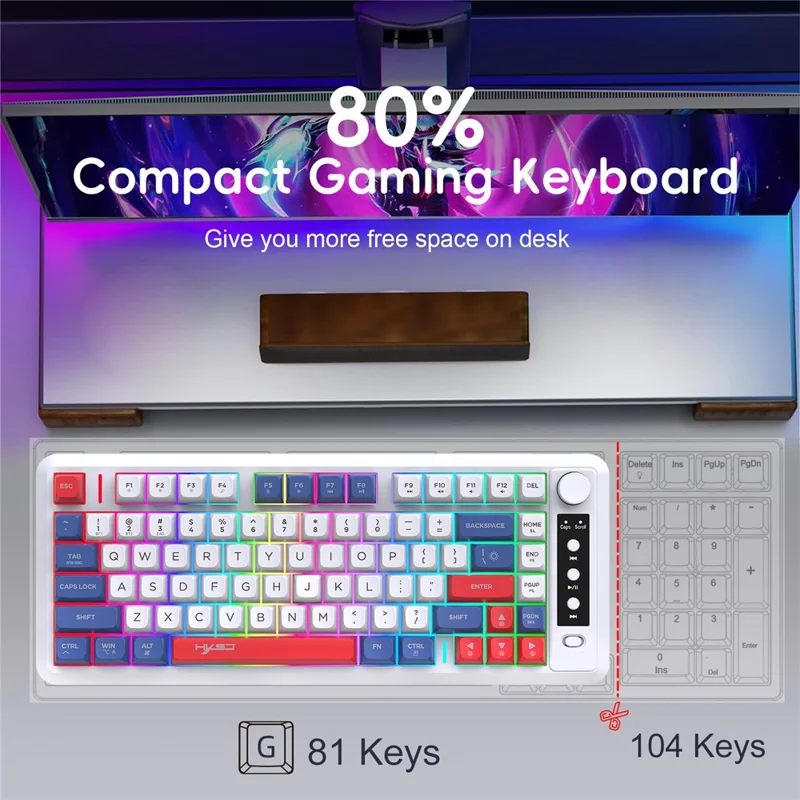 HXSJ L400 81 Keys Membrane Keyboard 2.4G + Bluetooth-compatible Tri-Mode Wireless Keyboard with RGB Backlit - Blue+White+Red