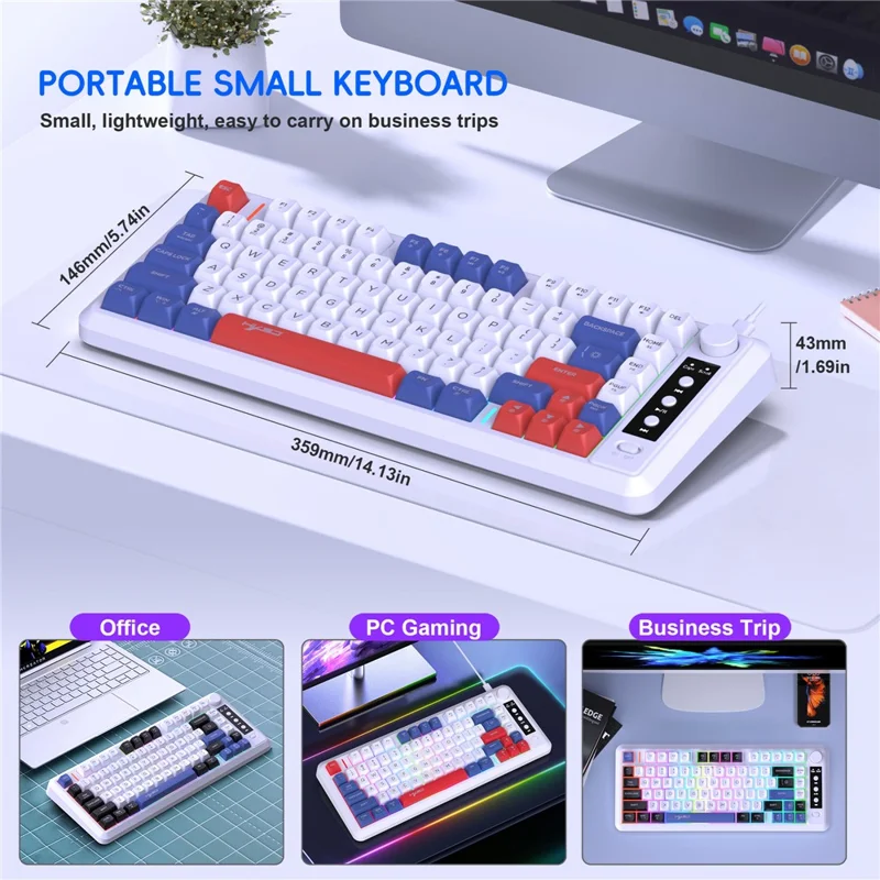 HXSJ L400 81 Keys Membrane Keyboard 2.4G + Bluetooth-compatible Tri-Mode Wireless Keyboard with RGB Backlit - Blue+White+Red