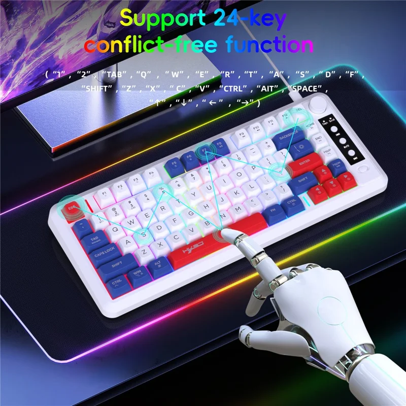 HXSJ L400 81 Keys Membrane Keyboard 2.4G + Bluetooth-compatible Tri-Mode Wireless Keyboard with RGB Backlit - Blue+White+Red