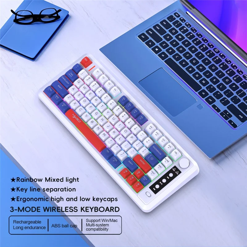 HXSJ L400 81 Keys Membrane Keyboard 2.4G + Bluetooth-compatible Tri-Mode Wireless Keyboard with RGB Backlit - Blue+White+Red