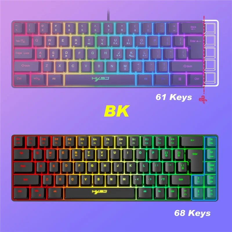 HXSJ V200 68 Keys USB Wired Membrane Keyboard with RGB Backlit Gaming Keyboard - Black