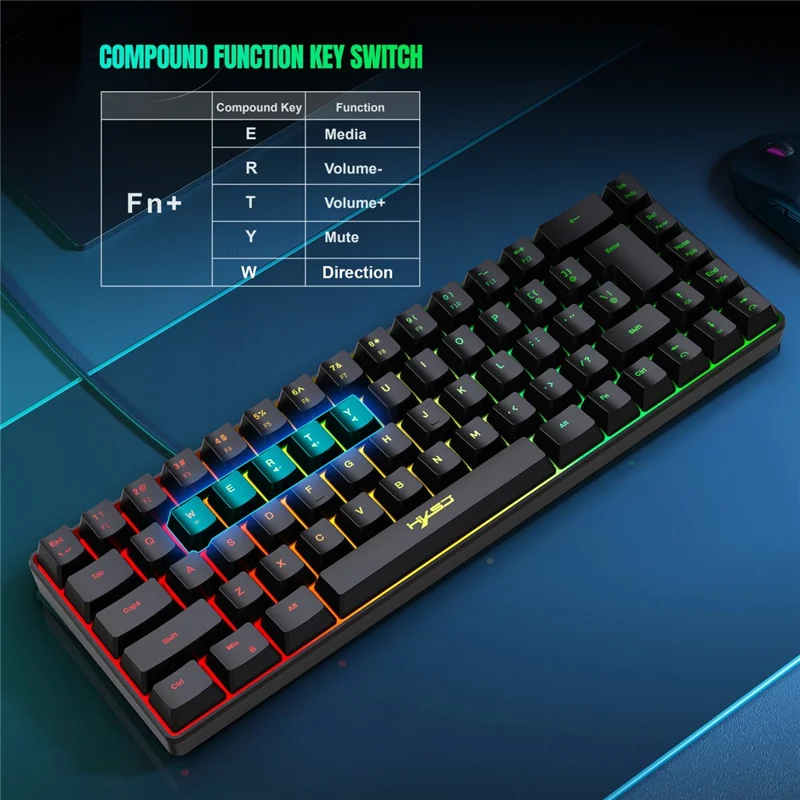 HXSJ V200 68 Keys USB Wired Membrane Keyboard with RGB Backlit Gaming Keyboard - Black