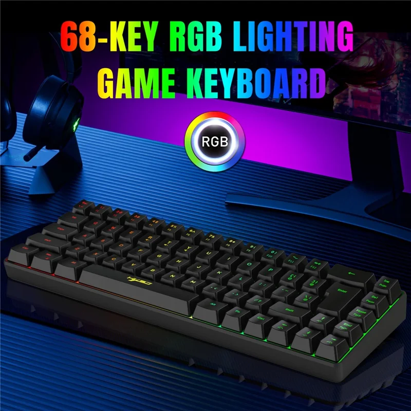 HXSJ V200 68 Keys USB Wired Membrane Keyboard with RGB Backlit Gaming Keyboard - Black