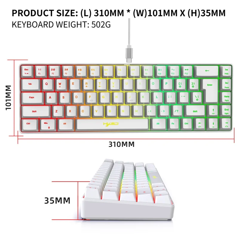 HXSJ V200 68 Keys USB Wired Membrane Keyboard with RGB Backlit Gaming Keyboard - White