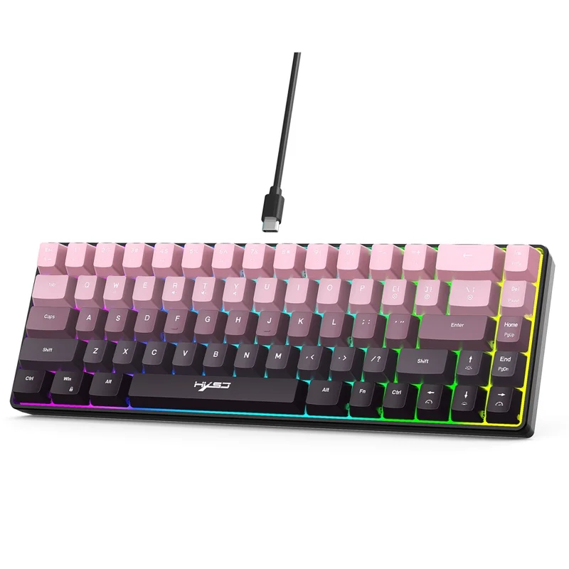 HXSJ V200 Ergonomic 68 Keys Membrane Keyboard RGB Lighting Wired Keyboard for Gaming, 25-Key Rollover - Pink