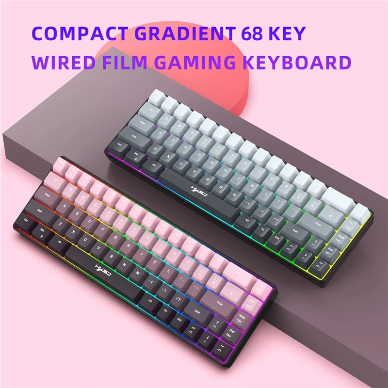 HXSJ V200 Ergonomic 68 Keys Membrane Keyboard RGB Lighting Wired Keyboard for Gaming, 25-Key Rollover - Pink