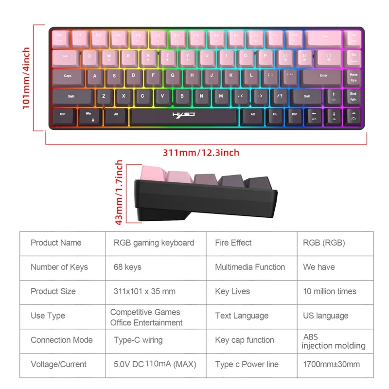 HXSJ V200 Ergonomic 68 Keys Membrane Keyboard RGB Lighting Wired Keyboard for Gaming, 25-Key Rollover - Pink