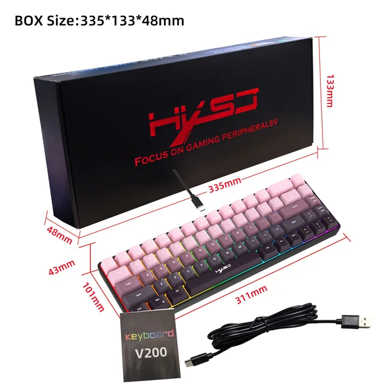 HXSJ V200 Ergonomic 68 Keys Membrane Keyboard RGB Lighting Wired Keyboard for Gaming, 25-Key Rollover - Pink