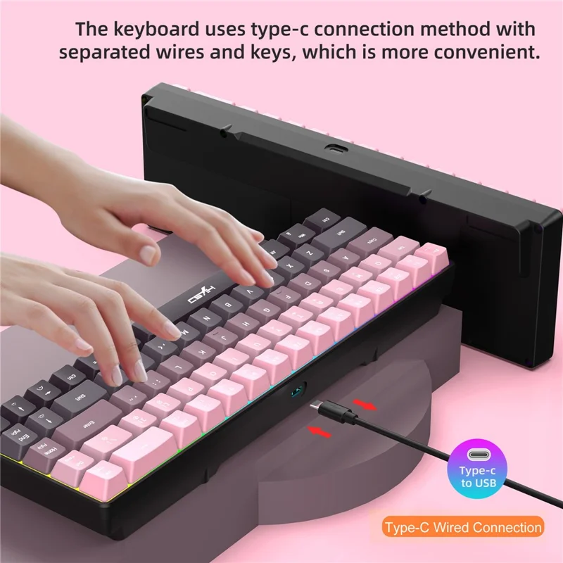 HXSJ V200 Ergonomic 68 Keys Membrane Keyboard RGB Lighting Wired Keyboard for Gaming, 25-Key Rollover - Pink
