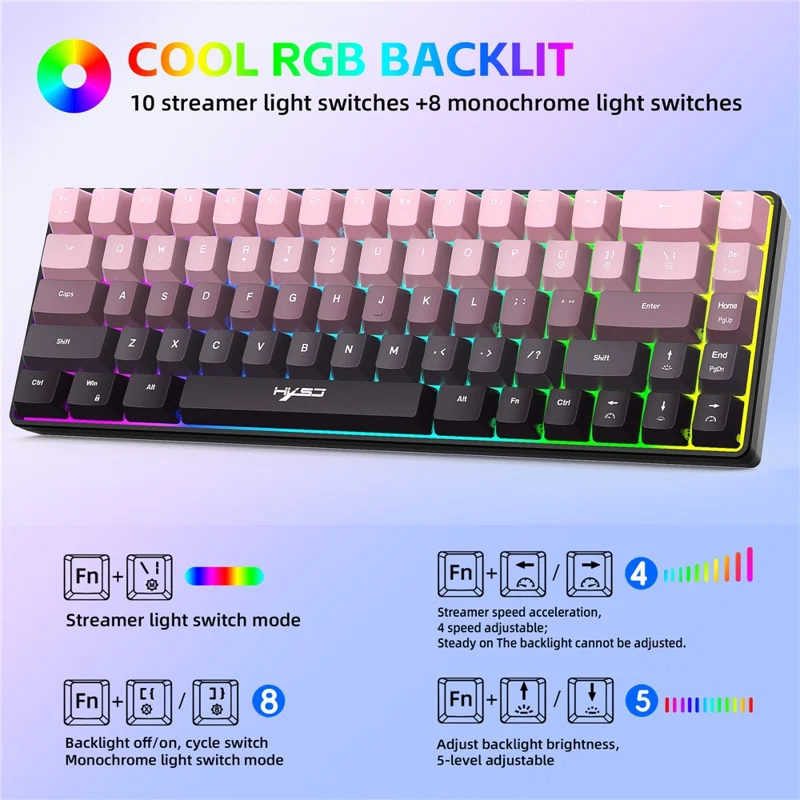 HXSJ V200 Ergonomic 68 Keys Membrane Keyboard RGB Lighting Wired Keyboard for Gaming, 25-Key Rollover - Pink