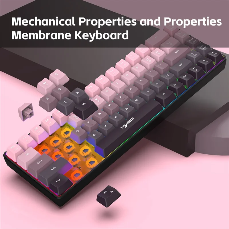 HXSJ V200 Ergonomic 68 Keys Membrane Keyboard RGB Lighting Wired Keyboard for Gaming, 25-Key Rollover - Pink