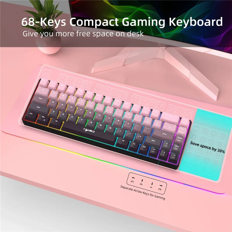 HXSJ V200 Ergonomic 68 Keys Membrane Keyboard RGB Lighting Wired Keyboard for Gaming, 25-Key Rollover - Pink