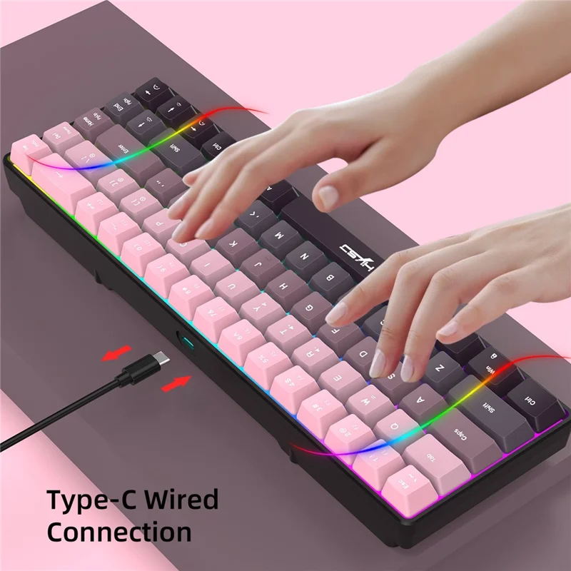 HXSJ V200 Ergonomic 68 Keys Membrane Keyboard RGB Lighting Wired Keyboard for Gaming, 25-Key Rollover - Pink
