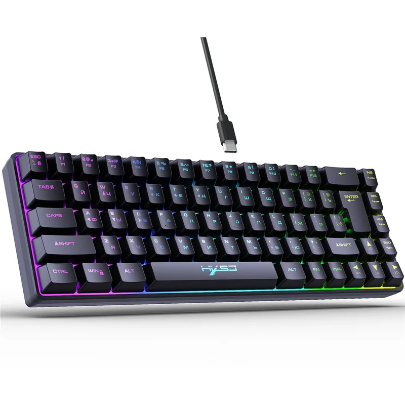 HXSJ V200 Russian Version 68 Keys Wired Membrane Keyboard with RGB Backlight Ergonomic Gaming Keyboard - Black