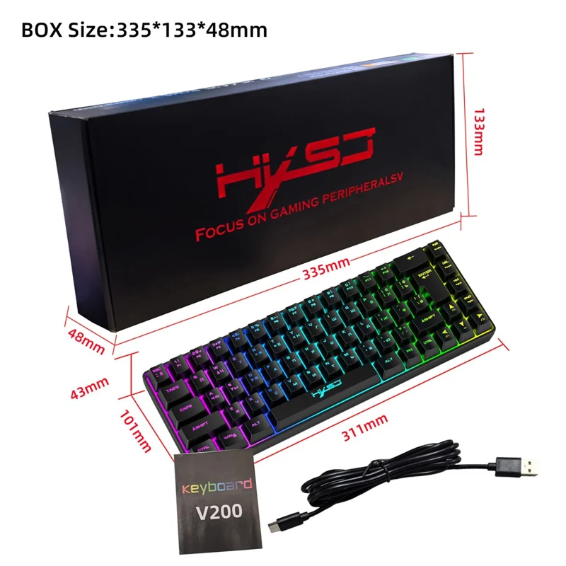 HXSJ V200 Russian Version 68 Keys Wired Membrane Keyboard with RGB Backlight Ergonomic Gaming Keyboard - Black