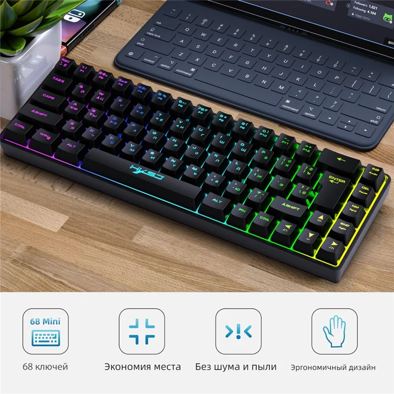 HXSJ V200 Russian Version 68 Keys Wired Membrane Keyboard with RGB Backlight Ergonomic Gaming Keyboard - Black