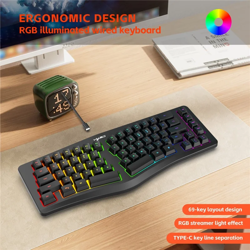 HXSJ J70 Ergonomic 69 Keys Wired Keyboard for Desktop Laptop Membrane Gaming Keyboard with RGB Backlit - Black