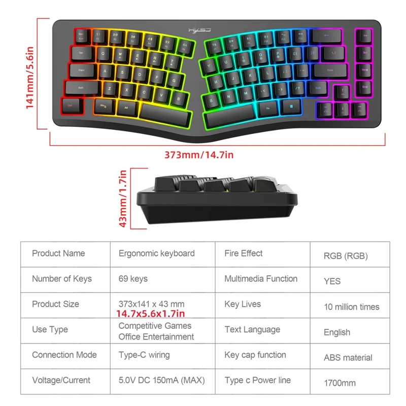 HXSJ J70 Ergonomic 69 Keys Wired Keyboard for Desktop Laptop Membrane Gaming Keyboard with RGB Backlit - Black