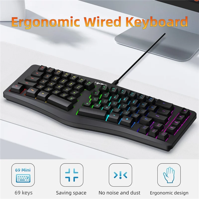 HXSJ J70 Ergonomic 69 Keys Wired Keyboard for Desktop Laptop Membrane Gaming Keyboard with RGB Backlit - Black