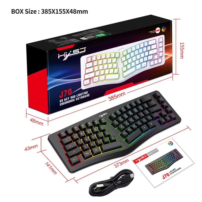 HXSJ J70 Ergonomic 69 Keys Wired Keyboard for Desktop Laptop Membrane Gaming Keyboard with RGB Backlit - Black