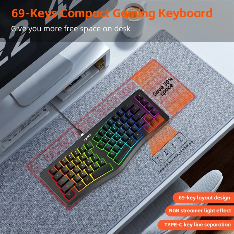 HXSJ J70 Ergonomic 69 Keys Wired Keyboard for Desktop Laptop Membrane Gaming Keyboard with RGB Backlit - Black