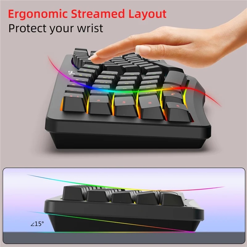 HXSJ J70 Ergonomic 69 Keys Wired Keyboard for Desktop Laptop Membrane Gaming Keyboard with RGB Backlit - Black