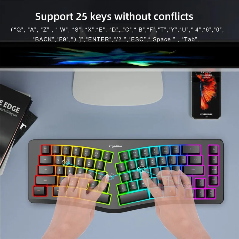 HXSJ J70 Ergonomic 69 Keys Wired Keyboard for Desktop Laptop Membrane Gaming Keyboard with RGB Backlit - Black