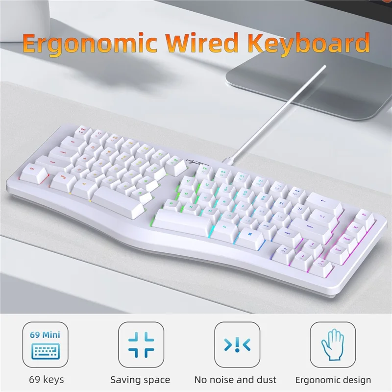 HXSJ J70 Ergonomic 69 Keys Wired Keyboard for Desktop Laptop Membrane Gaming Keyboard with RGB Backlit - White