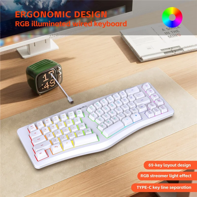 HXSJ J70 Ergonomic 69 Keys Wired Keyboard for Desktop Laptop Membrane Gaming Keyboard with RGB Backlit - White