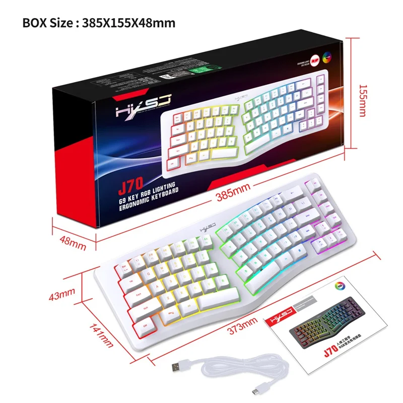 HXSJ J70 Ergonomic 69 Keys Wired Keyboard for Desktop Laptop Membrane Gaming Keyboard with RGB Backlit - White